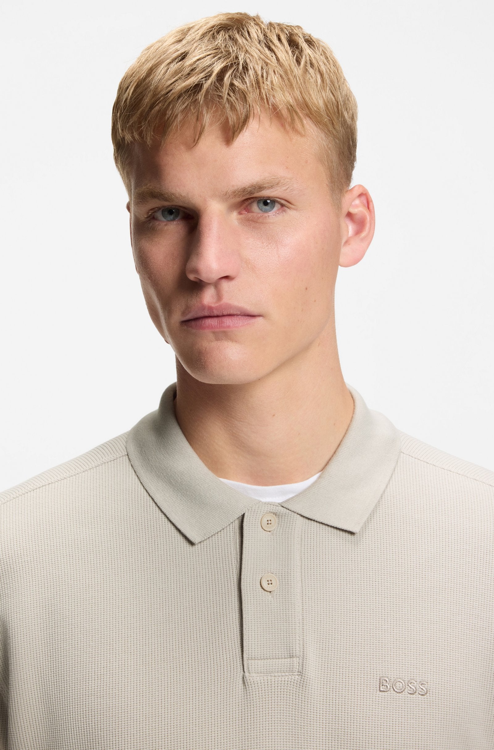 pikétröja boss hugo boss petempestolong waffle tröja open grey sand beige