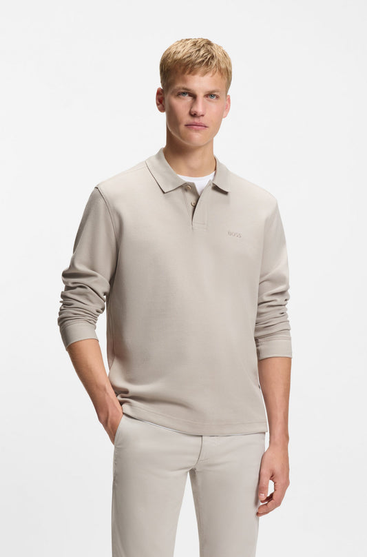 pikétröja boss hugo boss petempestolong waffle tröja open grey sand beige