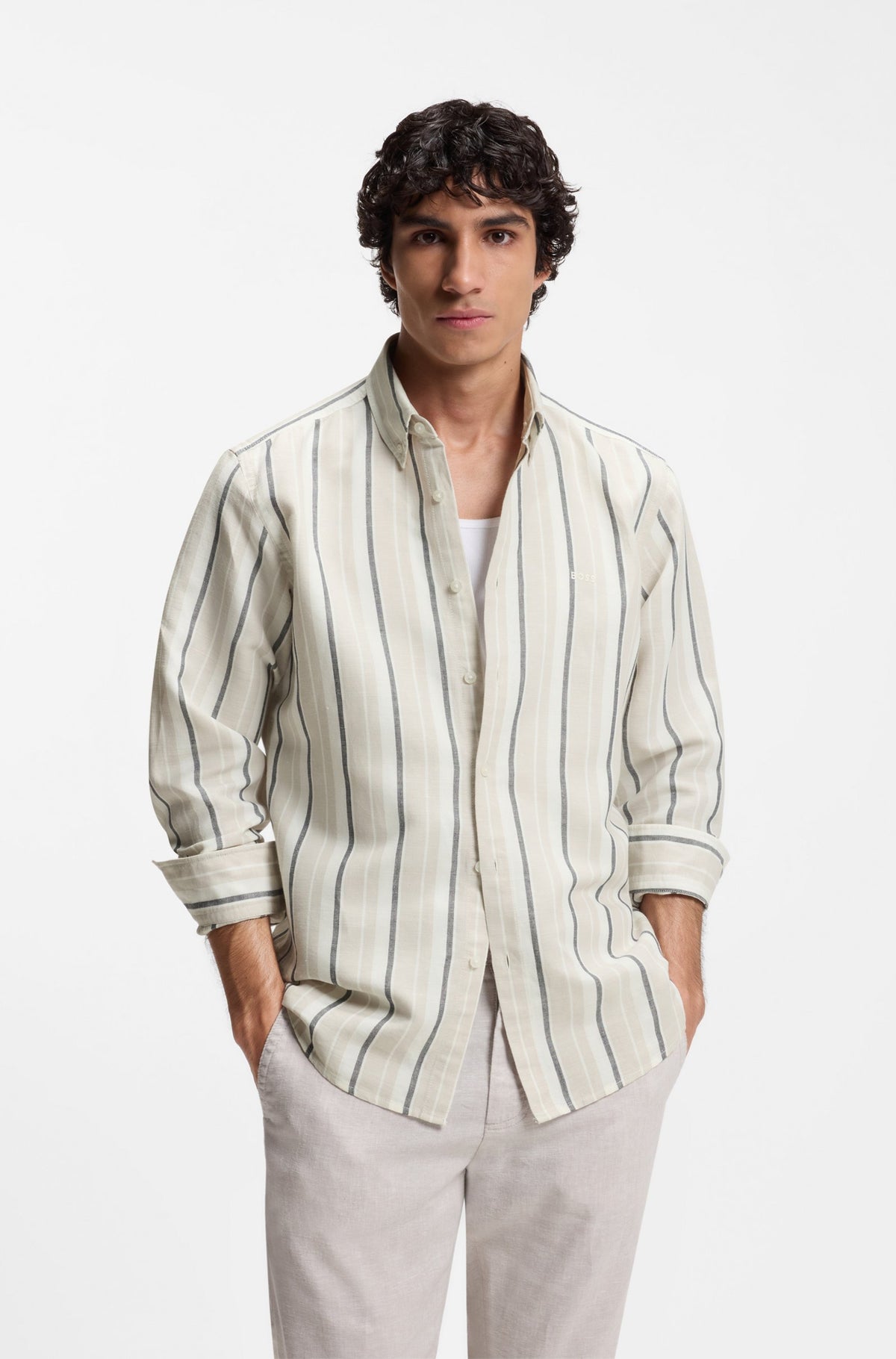 skjorta shirt linne linen linne skjorta ricoplus boss hugoboss linen shirt open grey randig sand beige grå