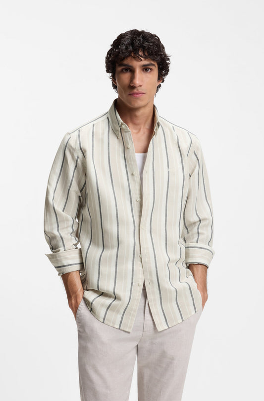 skjorta shirt linne linen linne skjorta ricoplus boss hugoboss linen shirt open grey randig sand beige grå