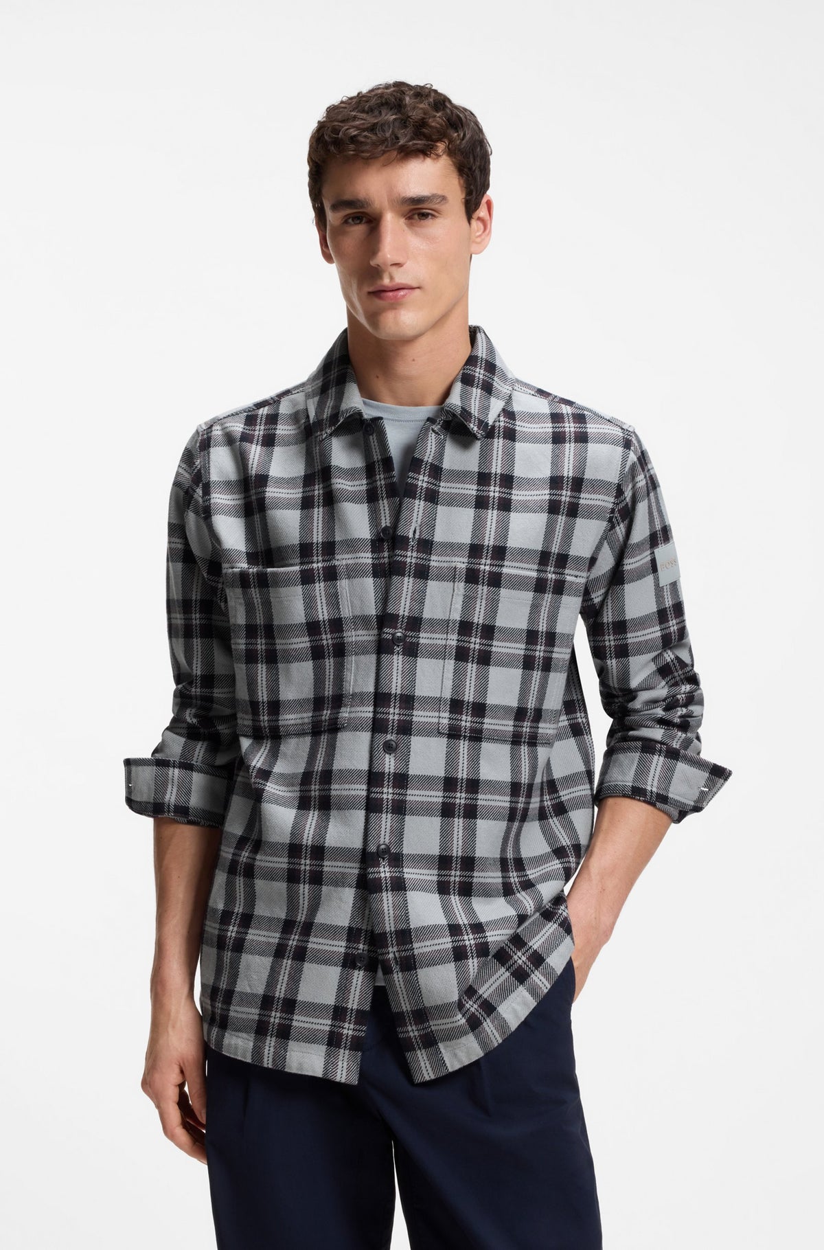 overshirt boss locky hugo hugoboss överskjorta rutig randig boss orange open grey grå fri frakt stenungsund