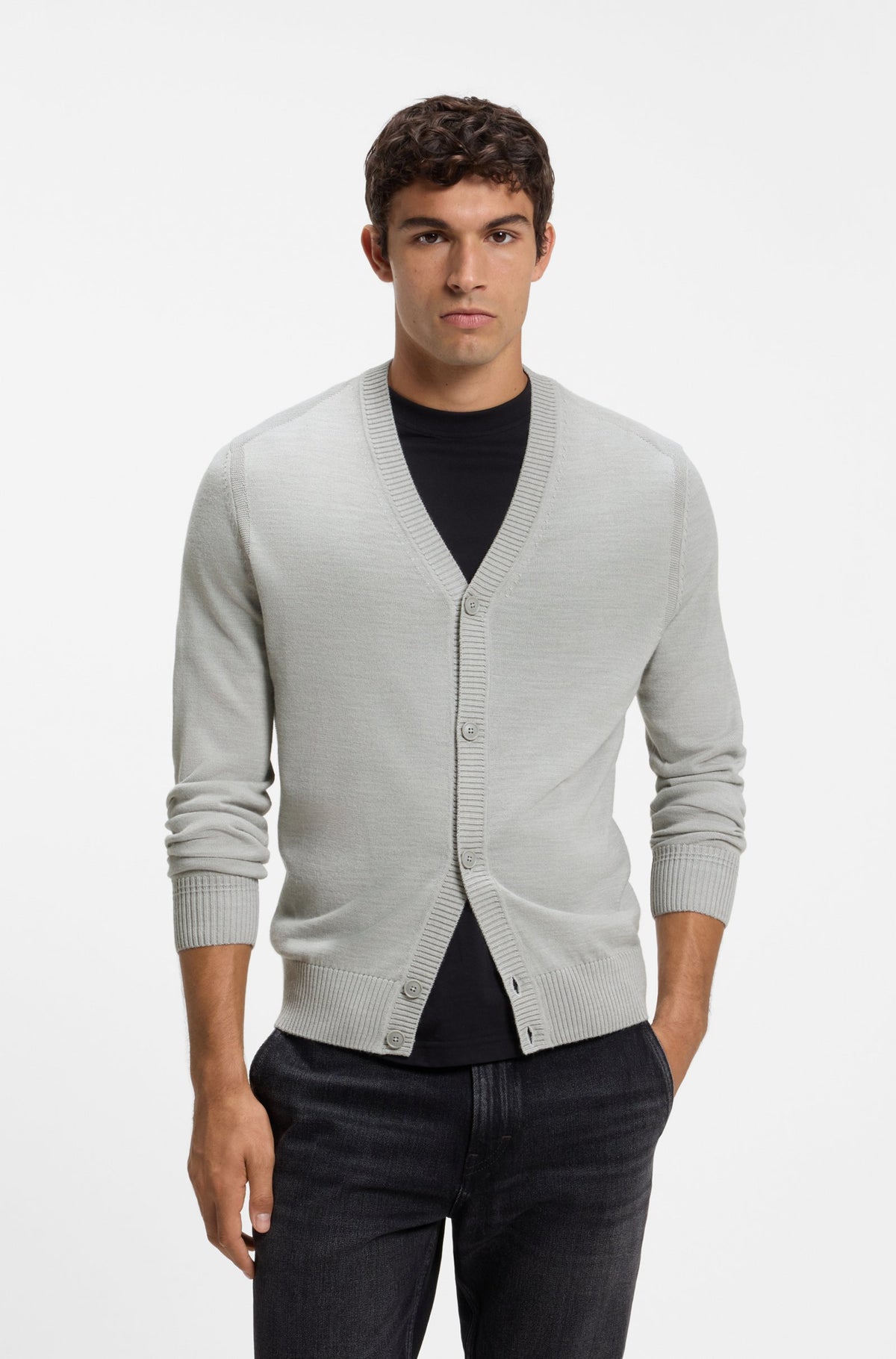 tröja cardigan avac cd boss hugo hugoboss v-ring knit sweater open grey grå fri frakt stenungsund