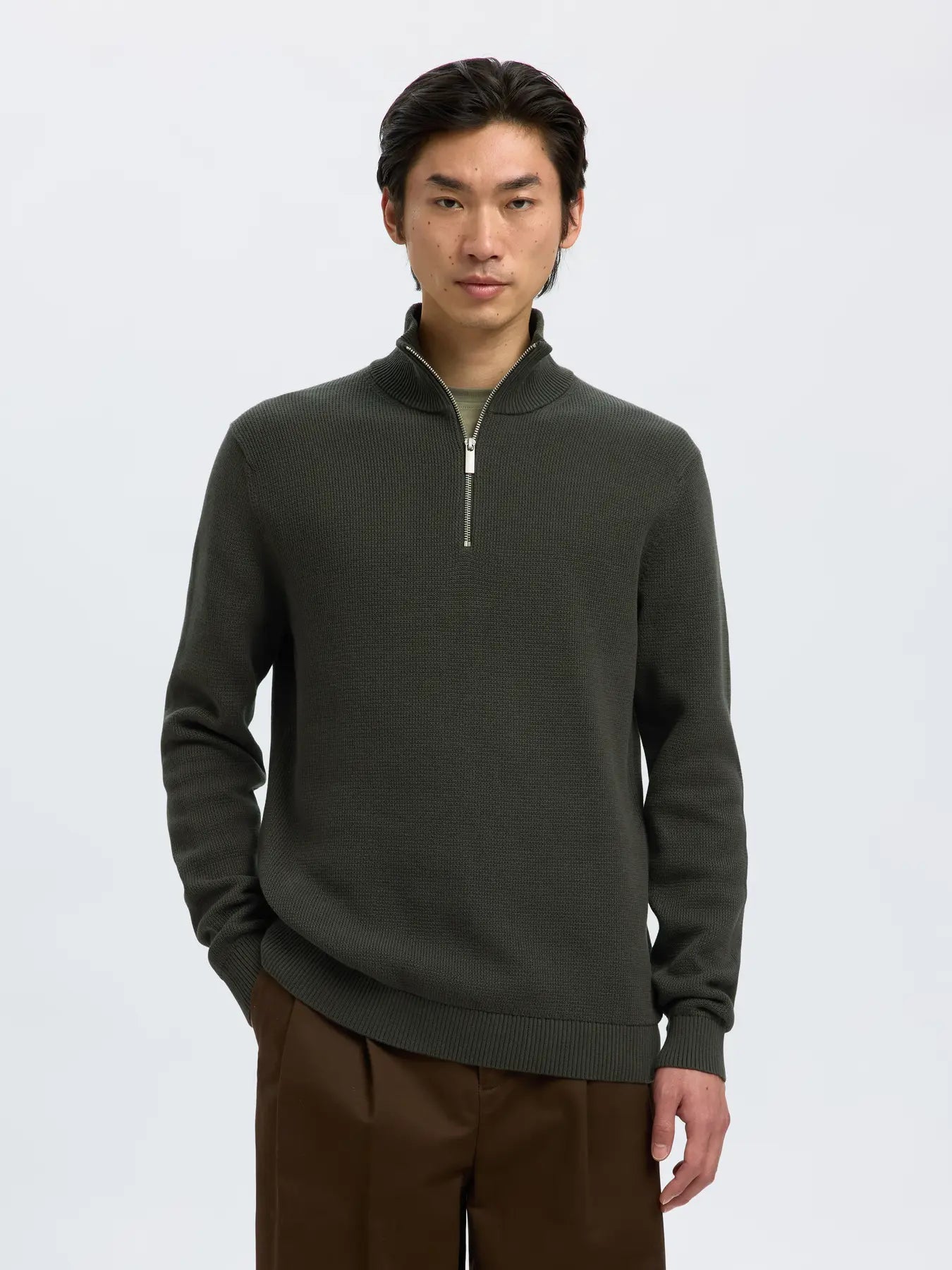 dane ls knit structure half zip selected homme tröja knitwear krage dragkedja bomull deep forest green grön