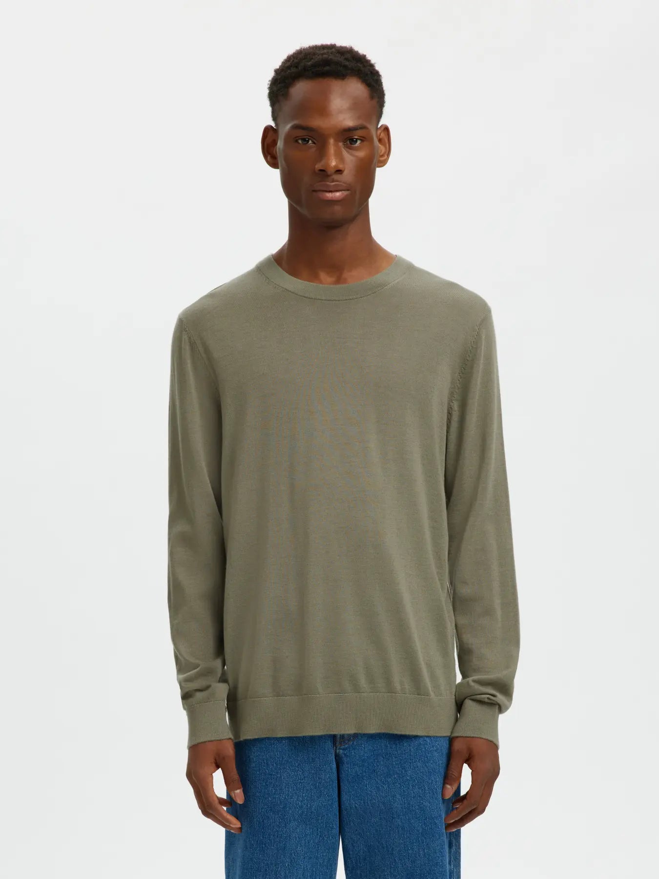 tröja tray merino knit selected homme sweater ull stickad ulltröja vetiver green grön