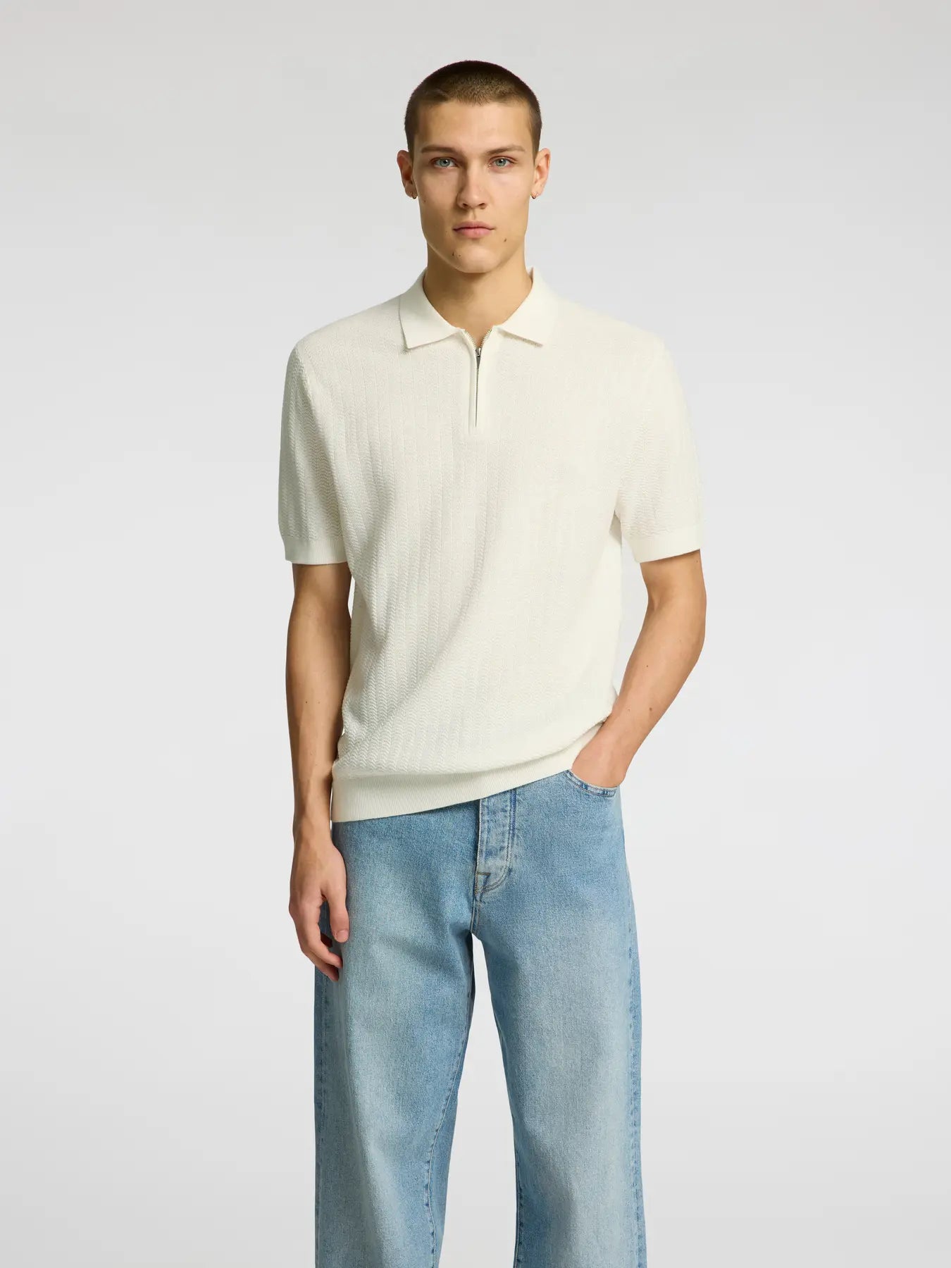 pike pikè selected homme cran ss knit structure zip polo dragkedja egret offwhite vit