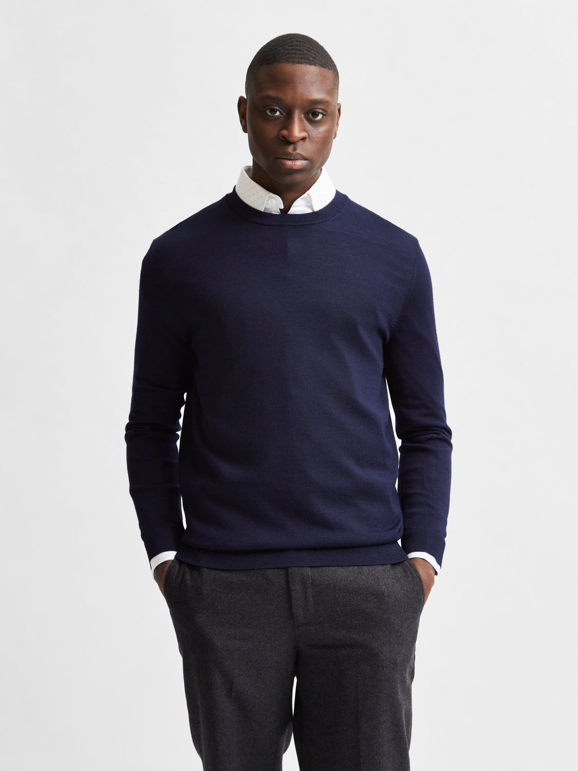 tröja tray merino knit selected homme sweater ull stickad ulltröja navy blue blå