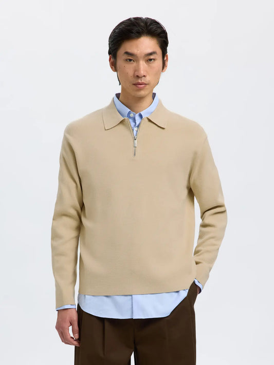 teller relaxed half zip polo selected homme tröja sweater knit krage dragkedja oatmeal sand beige