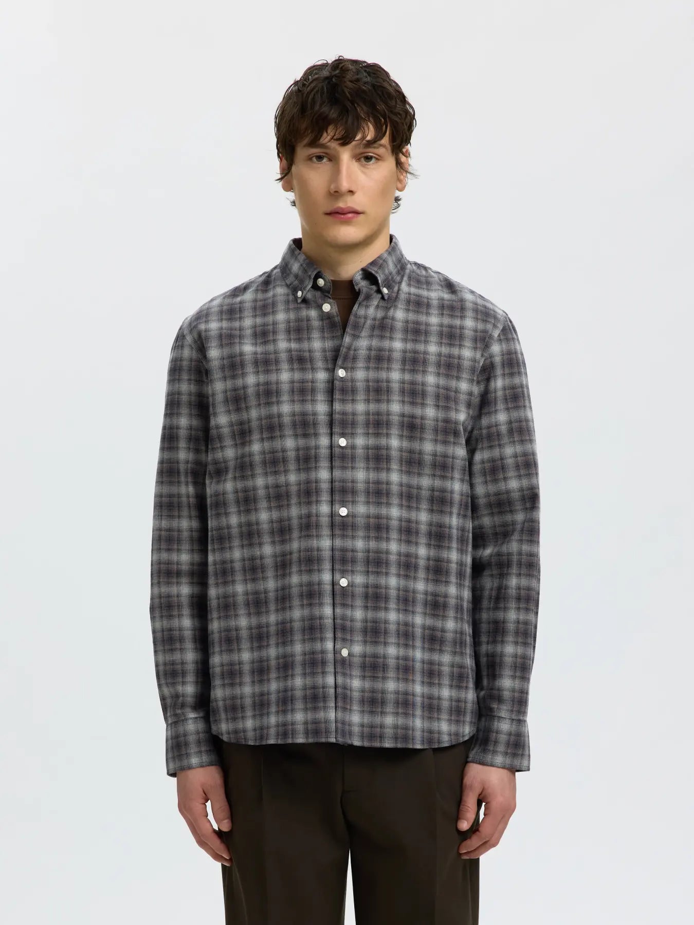 skjorta shirt selected homme cole jay melange ls shirt rutig randig button down sky captain checks brown blue brun blå fri frakt stenungsund