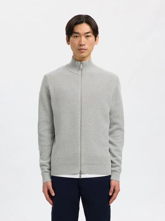 dane ls knit structure full zip selected homme tröja cardigan dragkedja bomull light grey melange grå