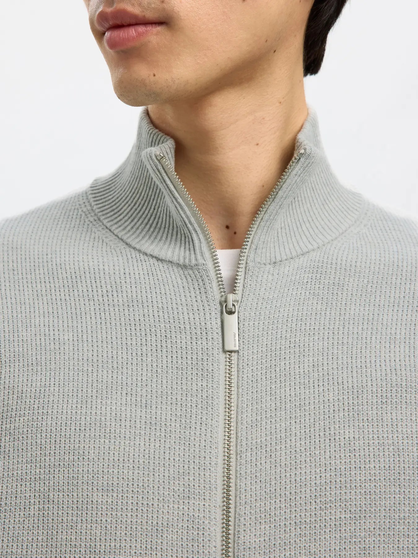 dane ls knit structure full zip selected homme tröja cardigan dragkedja bomull light grey melange grå